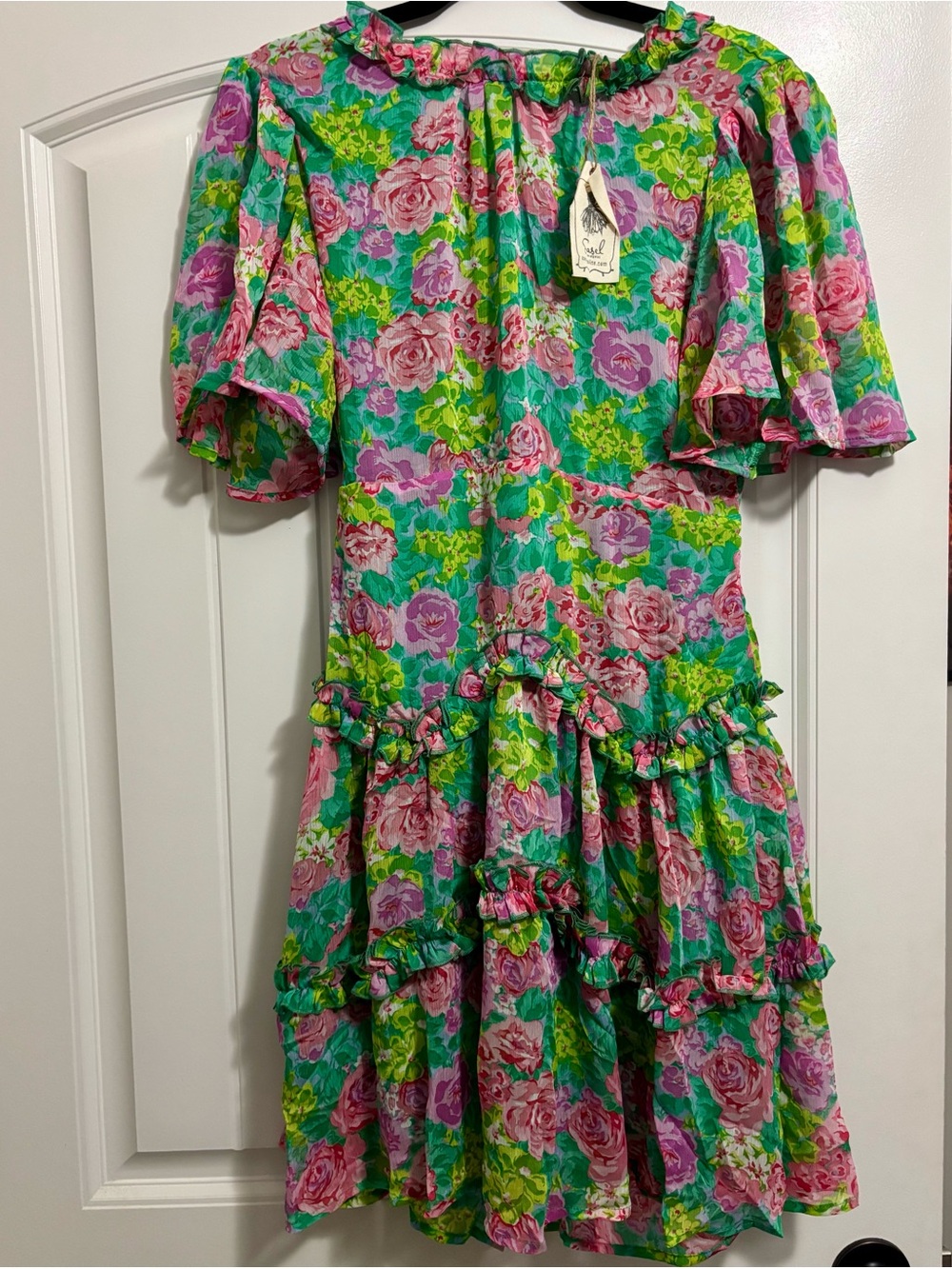 easel Floral Ruffle Tiered Dress in Pink & Green